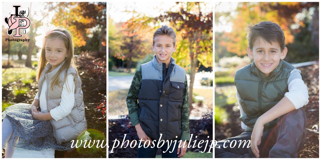 childrens portrait in front of fall leaves