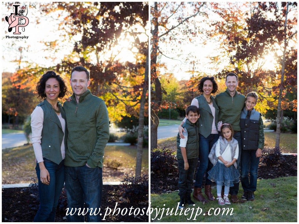 family portrait in front of fall leaves